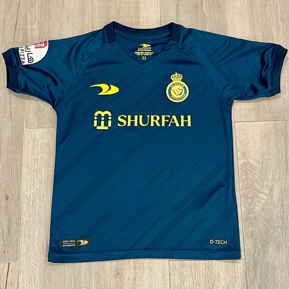 Cristiano Ronaldo Al Nassr Jersey #7 Blue Shurfah Soccer Shirt Youth Size 22